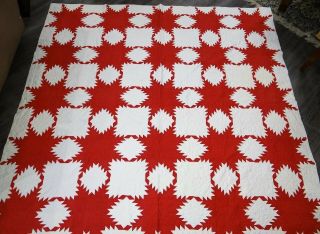 Vtg Antique Hand Stitched Quilt Red & White Snowflake Star Quilted 84 " X 84 "