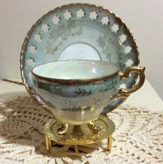Vintage Ucagco Teal Green 3 Footed Teacup And Reticulated Saucer With Gold Trim