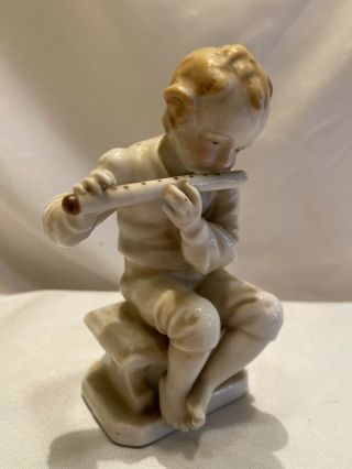 Vintage Piano Bisque Porcelain Figurine Boy Playing Flute