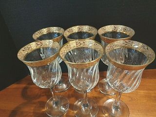 Set Of 6 Antique Crystal Wine Glasses With A Wide Gold Rim