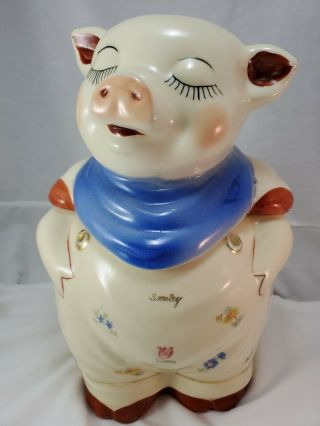Vintage Shawnee Smiley Pig Cookie Jar With Floral Belly And Blue Scarf