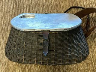 Rare Vintage Wicker Trout Fishing Creel W Built In Fly / Tackle Storage & Strap