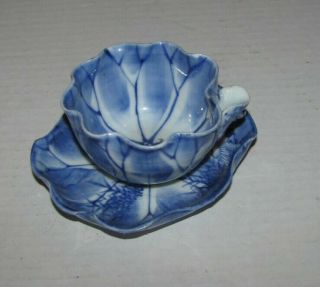 Antique Japanese Porcelain Sake Cup & Saucer Flow Blue Lily Spout Pot Signed
