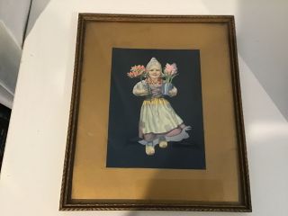 Antique Wooden Carved Frame With Print Of Little Dutch Girl With Flowers 454