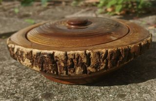Vintage Hand - Turnes Wood Lidded Bowl With Bark - Signed By Japaneese Artist