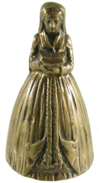 Vintage Brass Figural Bell,  Woman With Book Or Bible,  Figurine,  3 & 1/2 " Tall