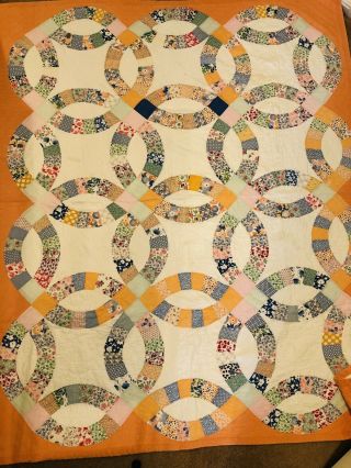 Vintage Wedding Ring Quilt Hand Sewn Pieced 67x81 Large Cotton Patchwork