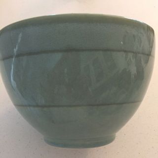 Vintage Ceramic Sage Green Round Planter Pot With Dark Sage Stripes