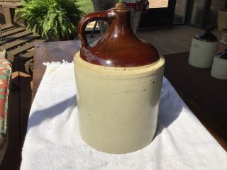 Vintage Brown Stoneware 1 Gallon Jug Crock Moonshine Whiskey With Cork Heavy