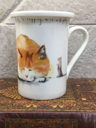 Kent Pottery Cat Is Napping Mice Will Play Fine China Mug Tea Cup 10 Oz W/lid