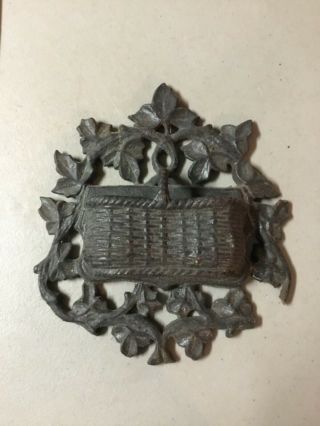 Antique Cast Iron Wall Mount “basket” Match Holder,  “pat’d 1868“ - See Photos