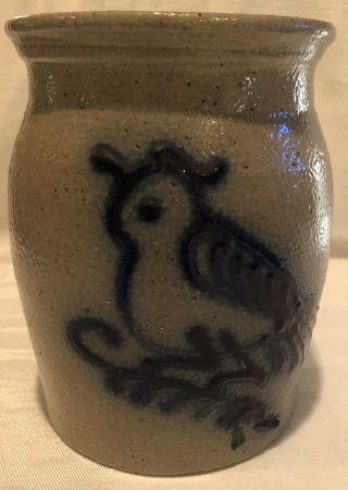 Jb Stoneware Salt Pottery Gray Crock With Cobalt Blue Bird Crock Utensil Crock