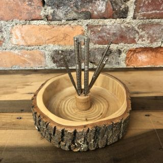 Vintage 8 " Nut Bowl Tree Bark Rustic Wood Hmq Metal Nut Cracker With 4 Picks 1