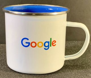 Rare Google Logo White Tin Coffee Cup Mug Blue & White Metal Advertising.