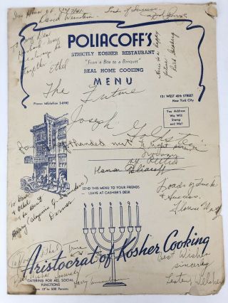 Vintage Signed 1940’s Poliacoff’s Menu Kosher Restaurant Times Square York