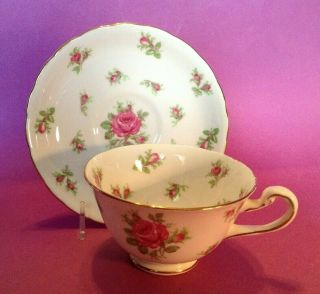 Royal Chelsea Pedestal Teacup And Saucer - Pink Chintz Rosebuds - England