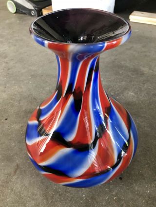 Vintage Italian Murano Multicolor Blown Swirl Cased Art Glass 10.  5” Vase