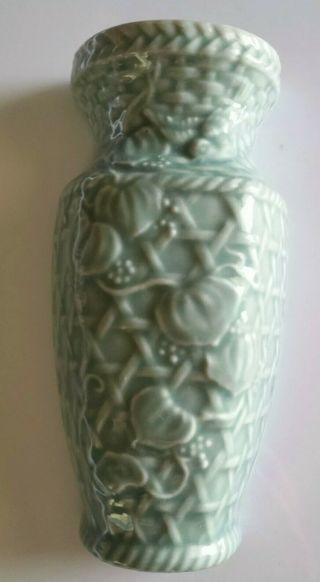 Vintage Wall Pocket Ceramic Vase Celedon Bird Vines Ec