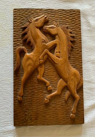 Mcm 50s Vintage Relief Hand Carved Wooden Wood Wall Plaque Horses Estate