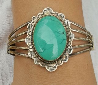 Vintage Old Pawn Native American Navajo Signed Silver Turquoise Cuff Bracelet