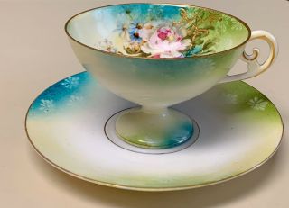Vtg 1902 Fine Porcelain Tea Cup Saucer Pedestal Gold Turquoise Hand Painted