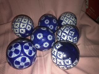 7 Blue And White Asian Carpet Balls Ceramic Pottery
