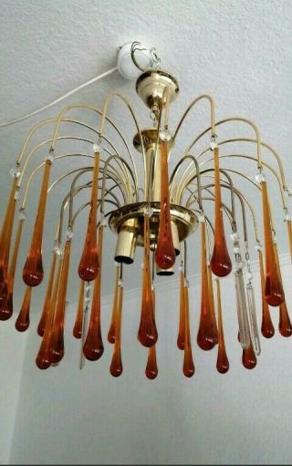 Vintage Murano Orange Amber Crystal Teardrop Waterfall Chandelier Lamp
