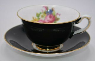 Taylor Kent Longton England Porcelain Cup And Saucer Black White Gold Floral