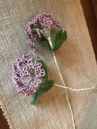 Two Handmade Vintage French Beaded Flowers Stems Sprays 12 " Tall Purple
