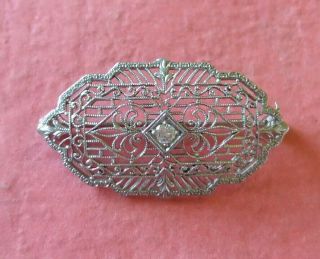 Antique Art Deco 10k White Gold Diamond Filigree Brooch Or Pin