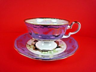 L M Royal Halsey Very Fine Lusterware Tea Cup & Saucer Set With Fruit Design