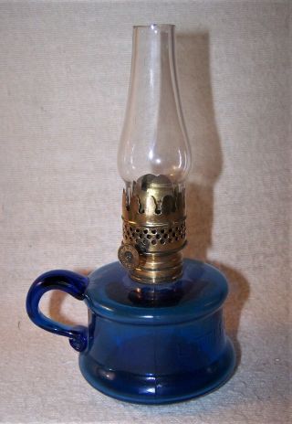 Fine Antique Miniature Oil Finger Lamp - Cobalt Blue Glass - Little Buttercup