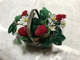 Vintage French Beaded Flowers Strawberry Woven Metal Basket Estate Find