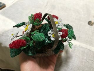 Vintage French Beaded Flowers Strawberry woven metal Basket estate find 2