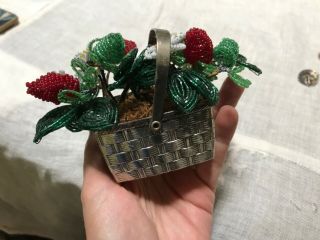 Vintage French Beaded Flowers Strawberry woven metal Basket estate find 3