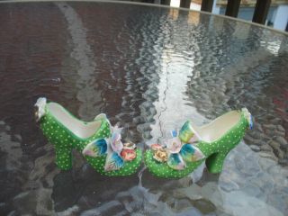 2 Vtg Porcelain Shoe Figurine High Heel Japan Flowers Hand Painted Polka Dot