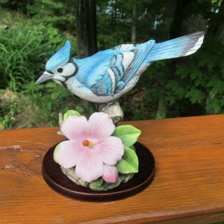 Vintage Blue Jay Figurine By Andrea Sadek 9386 With Wood Stand