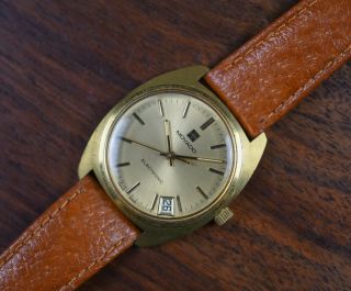 Vintage Movado Electronic Tuning Fork Gold Plated Date Leather Band Watch