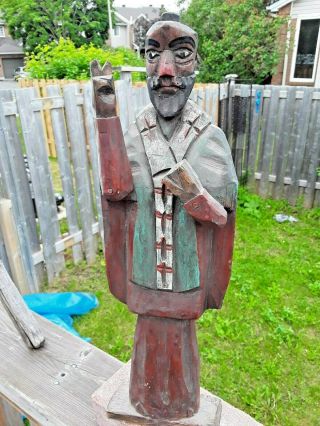Antique Religious Folk Art Hand Carved And Painted Wood Statue