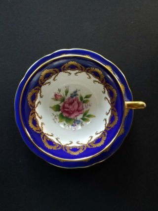Aynsley Cobalt Blue & Gold Medallions Teacup & Saucer G2146 Lg Single Pink Rose