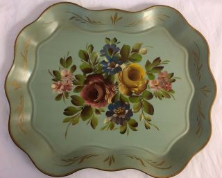 Large Vintage Hand Painted Floral Toleware Serving Tray E.  T.  Nash Co Scallop