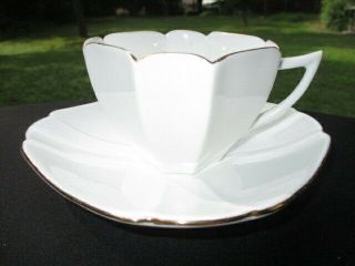 Cup Saucer Shelley England Queen Anne Shape Batwing Handle Snow White Gold Trim