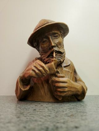 Detailed Vintage Wood Carving - Man Smoking Pipe Black Forest Wood?