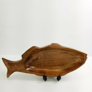 Mid Century Modern Hand Carved Wood Fish Bowl Vintage Nut Dish Sosar Phillipines