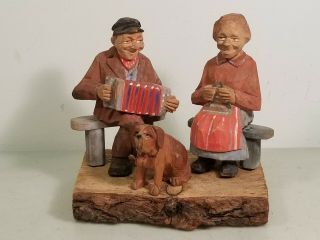 Vintage Hand Carved Man,  Woman & Dog Figures - Swiss/german Folk Art