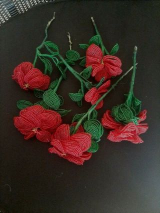 Antique Vintage French Handmade Glass Seed Bead Beaded Flowers Red