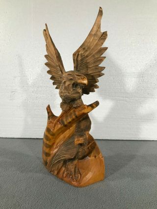 Vintage 1973 Eagle Figurine Hand Carved From Single Wood Piece Ussr 13.  5 " Tall