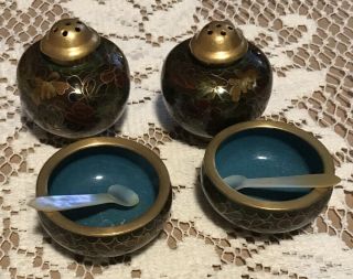 Vintage Cloisonne Salt & Pepper Shakers & Cellars And Mother Of Pearl Spoons