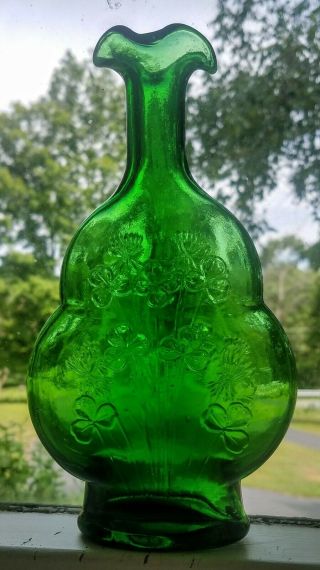 Antique Green Glass Clovers Violin Shaped Vase 8 " Hand Blown Into Mold Bubbles