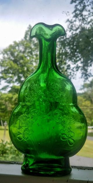 Antique Green Glass CLOVERS Violin Shaped Vase 8 